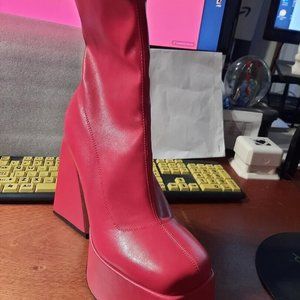 WMN Red Half Knee High Heel Boots Platform Square  US6.5/EU37